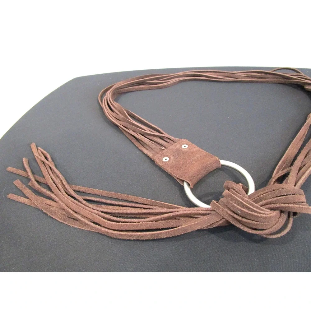 Boho Brown Suede Silver Ring Buckle Fringe Tassel Belt Women Sz One Size